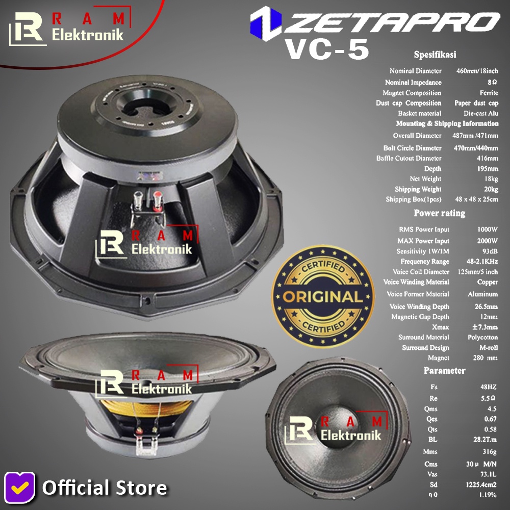 Komponen Speaker 18 Inch ZETAPRO 18VC5 | 18 VC5 Original 2000 Watt