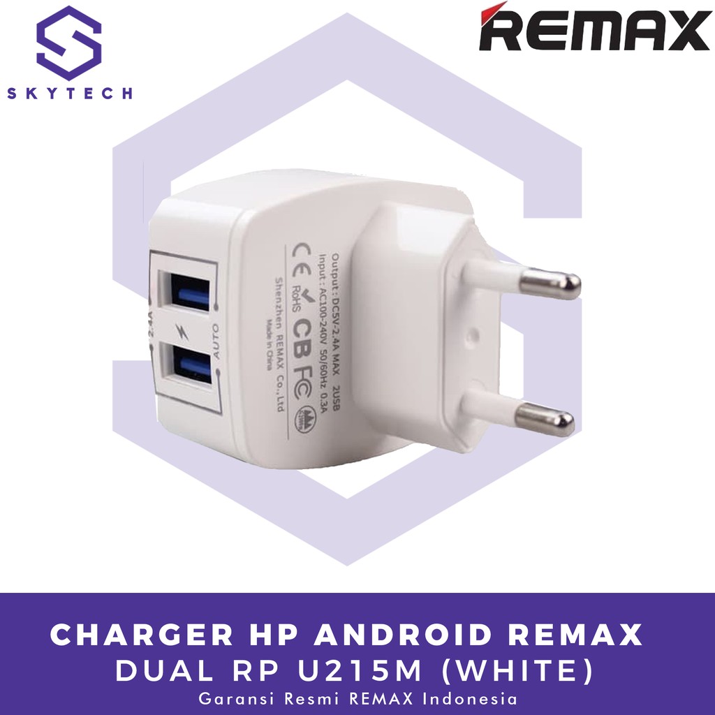 CHARGER HP ANDROID REMAX DUAL WHITE RP U215M ORIGINAL GARANSI RESMI