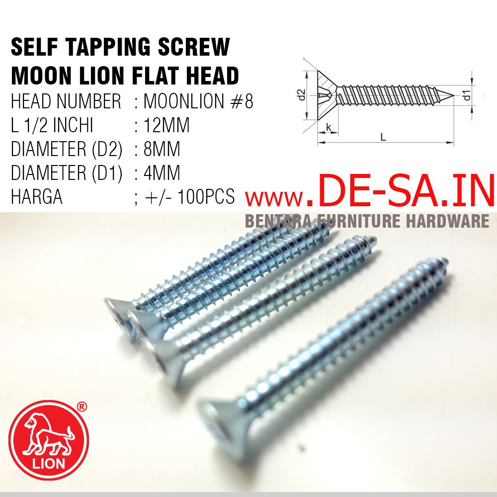 100 x Moon Lion Skrup #8 x 12MM - Self Tapping Flat Head Screw (Skrup Lion #8 X 1/2&quot;)