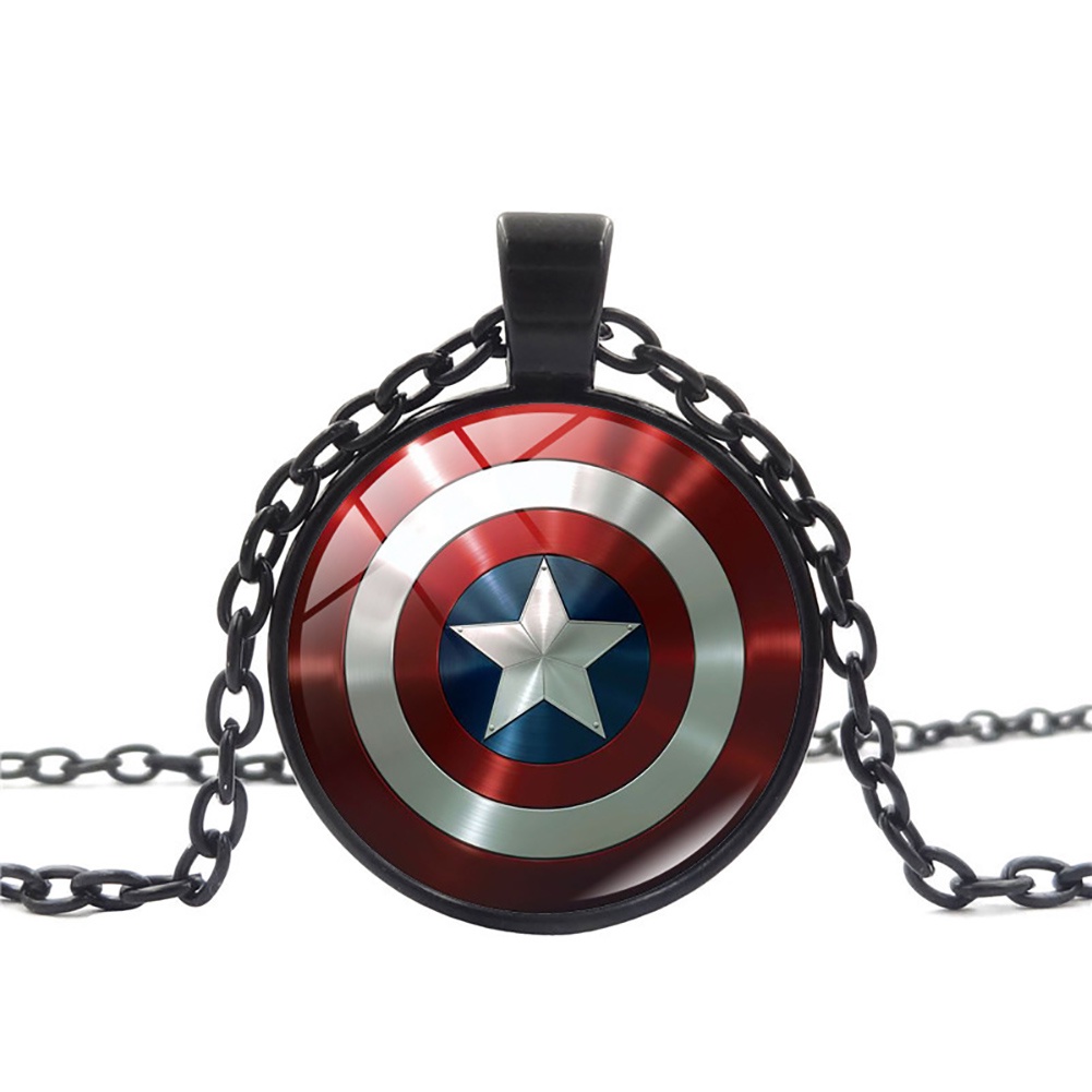 Hu Hu Hu Hu Hu Alat Bantu Pasang Kacamata♡ Kalung Rantai Dengan Liontin Kaca Cabochon Gambar Perisai Captain America Avenger