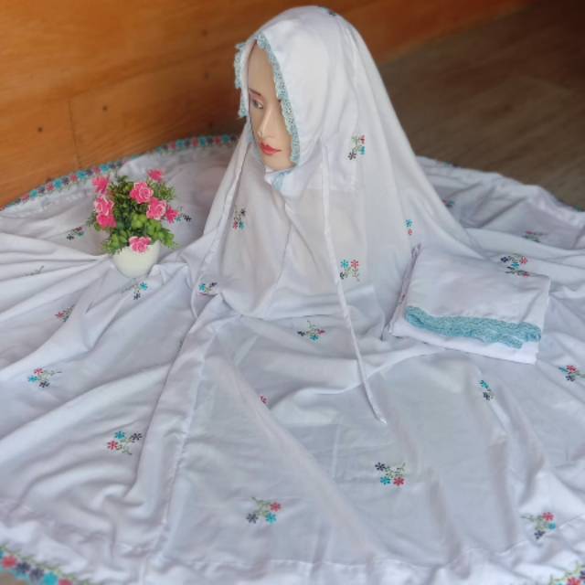 Mukena dewasa potongan/atas bawah polino bordir motif bunga tabur warna biru kuning