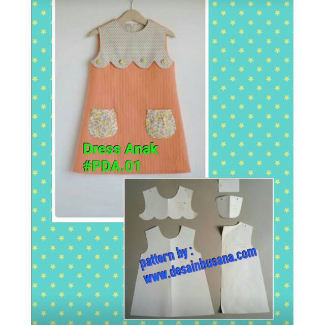 POLA PRODUKSI DRESS ANAK 001 [ Pola Baju Sewing Pattern ] variasi dada scallop