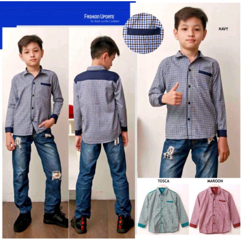 Baju Kemeja Anak Laki-Laki Bahan Katun Kotak Komb. Polos Usia 3-10 Thn Baju Atasan Anak Laki-Laki