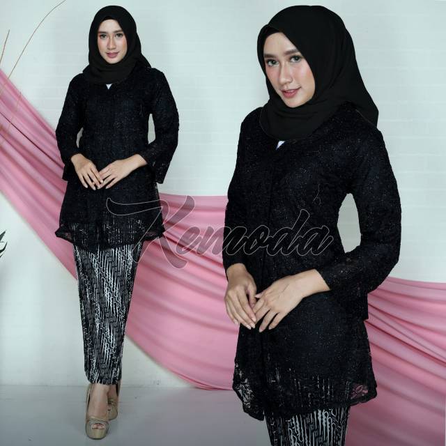 Setelan kebaya modern floy brukat kebaya wisuda kebaya muslimah kancing hidup ( busui ) warna hitam
