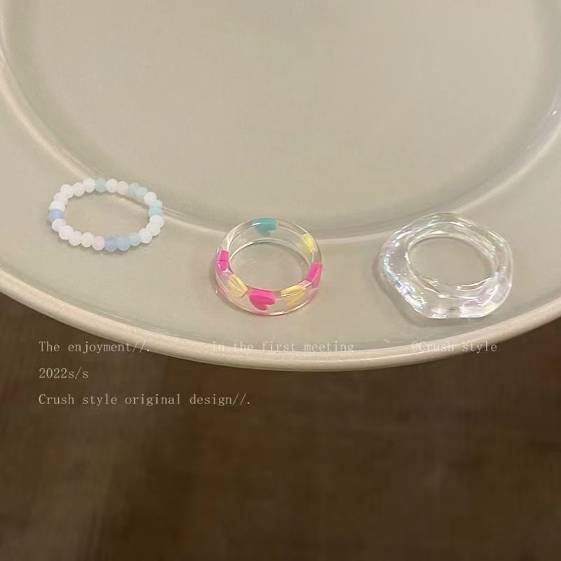 IFYOU 3pcs / Set Cincin Manik-Manik Nasi Bentuk Hati Bahan Resin Gaya Vintage Korea Untuk Wanita