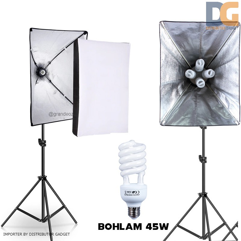 PAKET SET 4 in 1 SOFTBOX E27 50x70cm + Light Stand + Lampu Bohlam LED Studio Soket Payung 50 x 70 cm Lighting Continuous Video Reflektor Soft Box Boom Arm Youtuber Key Light TaffSTUDIO Bukan Godox Aputure Image 2