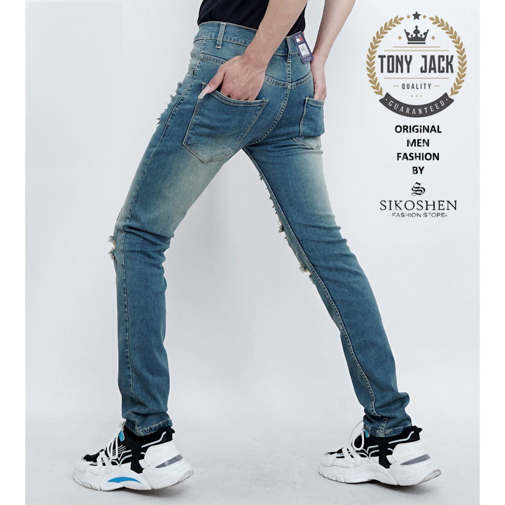 Celana Jeans Pria Sobek Medium Blue Original TONY JACK Model Slimfit Celana Jeans Pria Distro