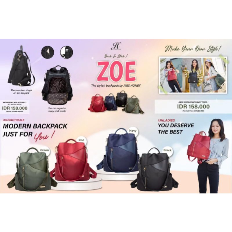 ZOE BACKPACK BY JIMS HONEY RANSEL WANITA RANSEL JIMS HONEY TAS MODERN TAS SPORTY TAS PUNGGUNG WANITA