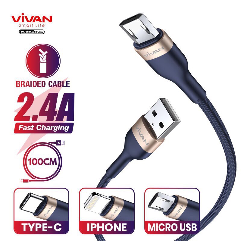 VIVAN Kabel Data Micro USB Android 100cm Fast Charging 2.4A Garansi Resmi 1 Tahun VXM100