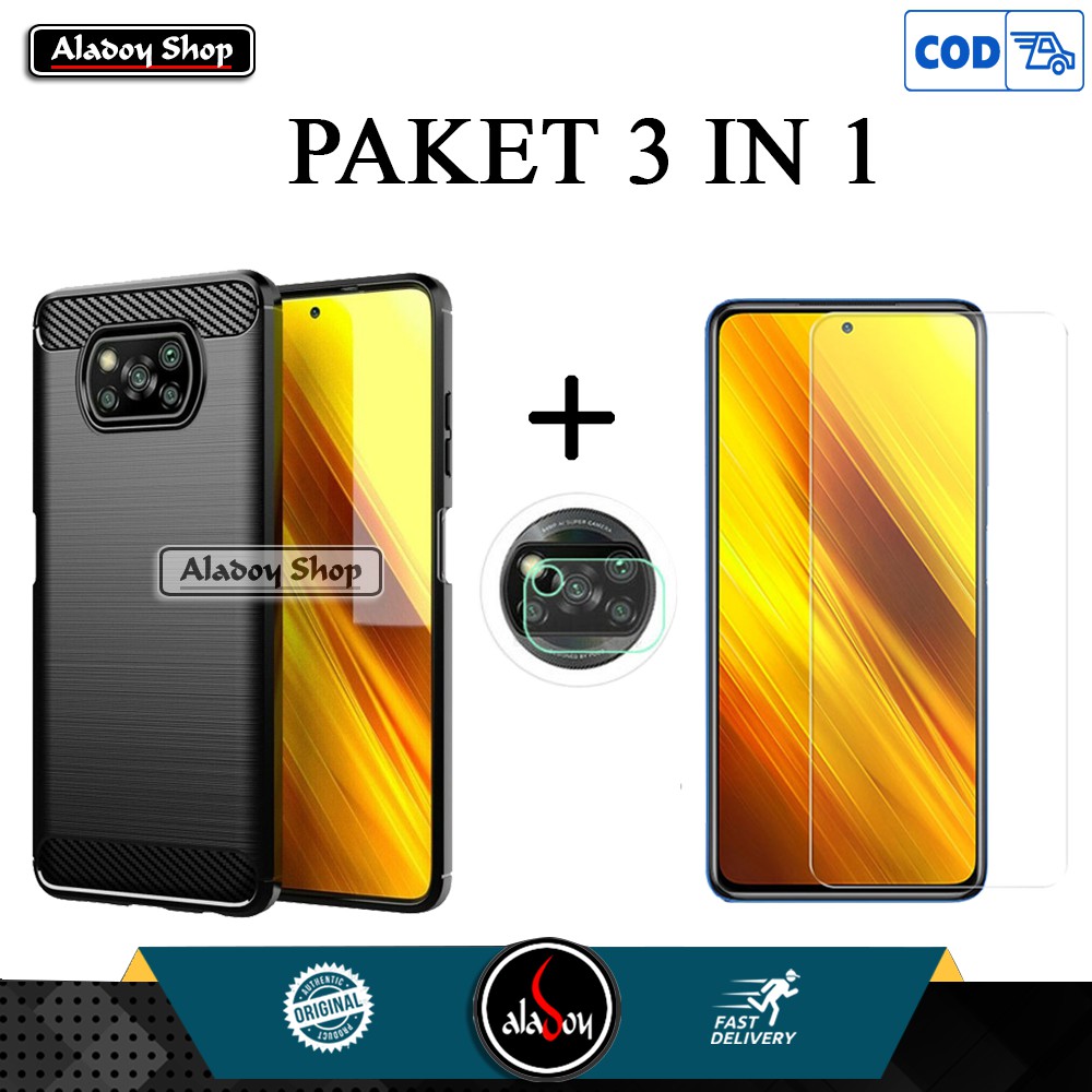 PAKET 3 IN 1 Case Xiaomi Poco X3 nfc Softcase Casing + Tempered Glass Layar + Camera Lens