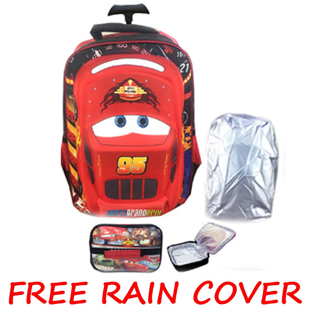 FREE ONGKIR + RAINCOVER Tas Troley Sekolah SD Cars McQueen 3D Timbul Hard Cover LB