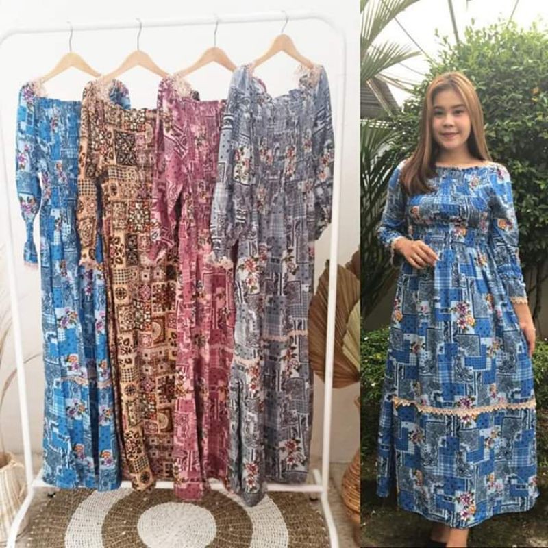 daster smoke lengan panjang renda motif etnik