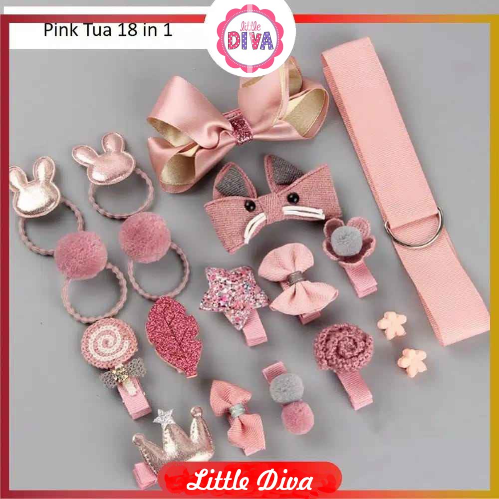 Set Aksesoris Rambut Anak Perempuan isi 18pcs 1 BOX HEAD Band IKAT KEPALA BAYI CEWEK Kuncir Set Karet Jepit Rambut Anak Bayi MOTIF LUCU chn