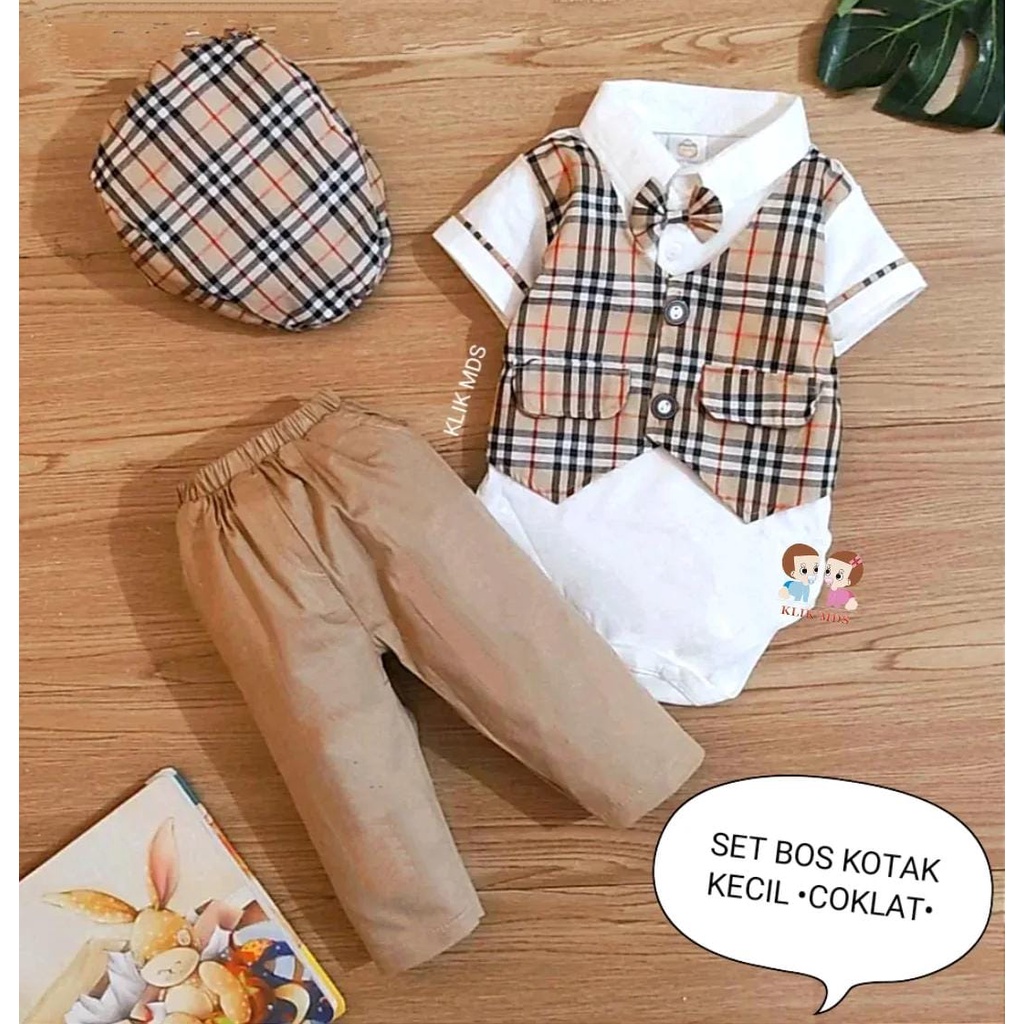 Jumper Bayi Laki-Laki / Setelan Anak Cowok Dengan Model Rompi Dan Celana Katun Usia 0-9 Bulan Motif Set Bos Kotak