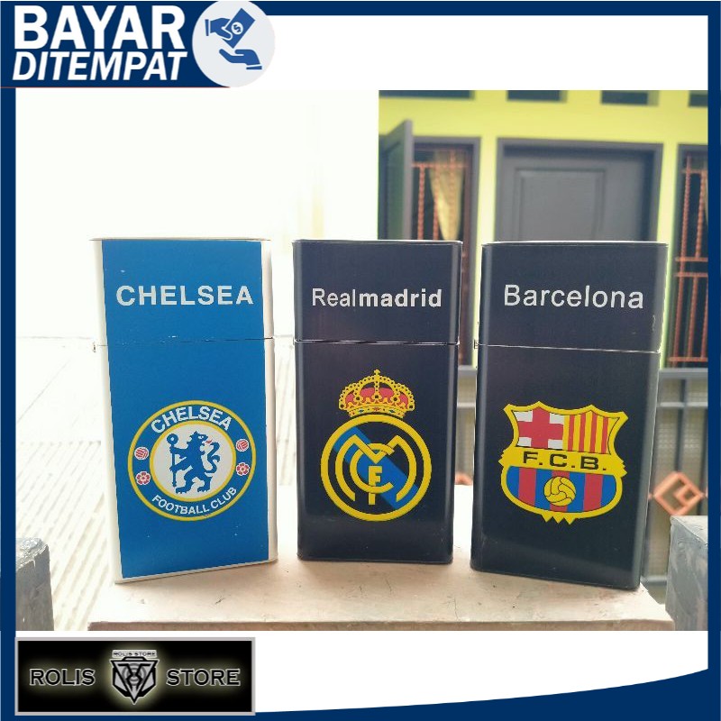 KOTAK ROKOK PLUS KOREK MOTIF CLUB BOLA - REALMADRID BARCA CHELSEA