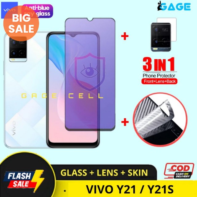 3IN1 TEMPERED GLASS ANTI RADIASI BLUE LIGHT VIVO Y21 Y21s ANTI GORES FULL LAYAR SCREEN GUARD