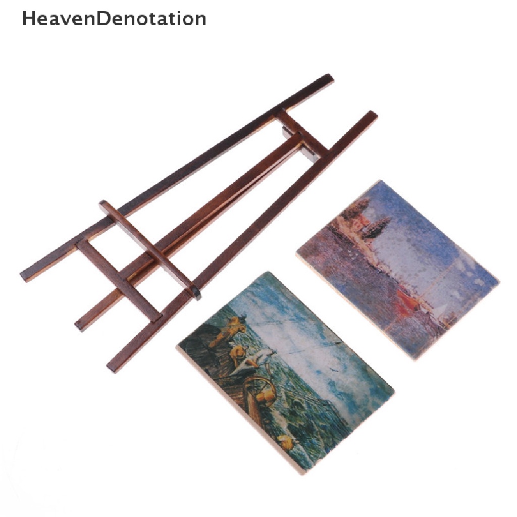 [HeavenDenotation] Dollhouse Miniature Accessory Artist Easel Stand &amp; 2 Wood Paintings Pictures