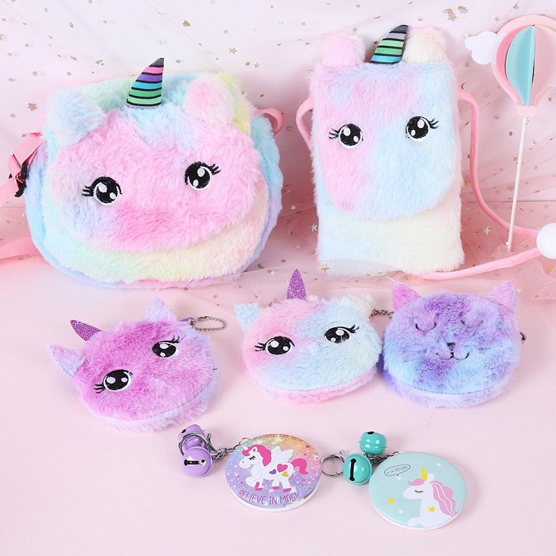 Tas Anak Unicorn Bulu Warna Ungu Pink Biru / Tas Selempang Anak Gradasi