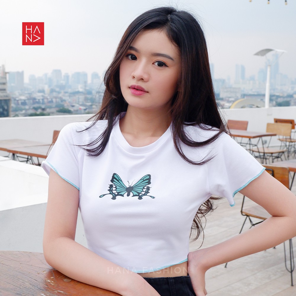 Hana Fashion - Mariposa Crop Top Kaos Butterfly Wanita - CT150