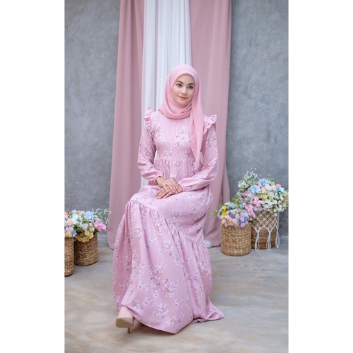 Ounadoutfit SASYA dress wanita muslimah premium motif bunga warna pastel | dress motif premium | baju muslim busui | outfit muslimah