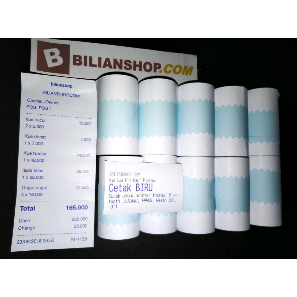 

Kertas 57 x 30mm edc struk kasir hasil cetak warna BIRU 10 roll printer thermal zjiang eppos