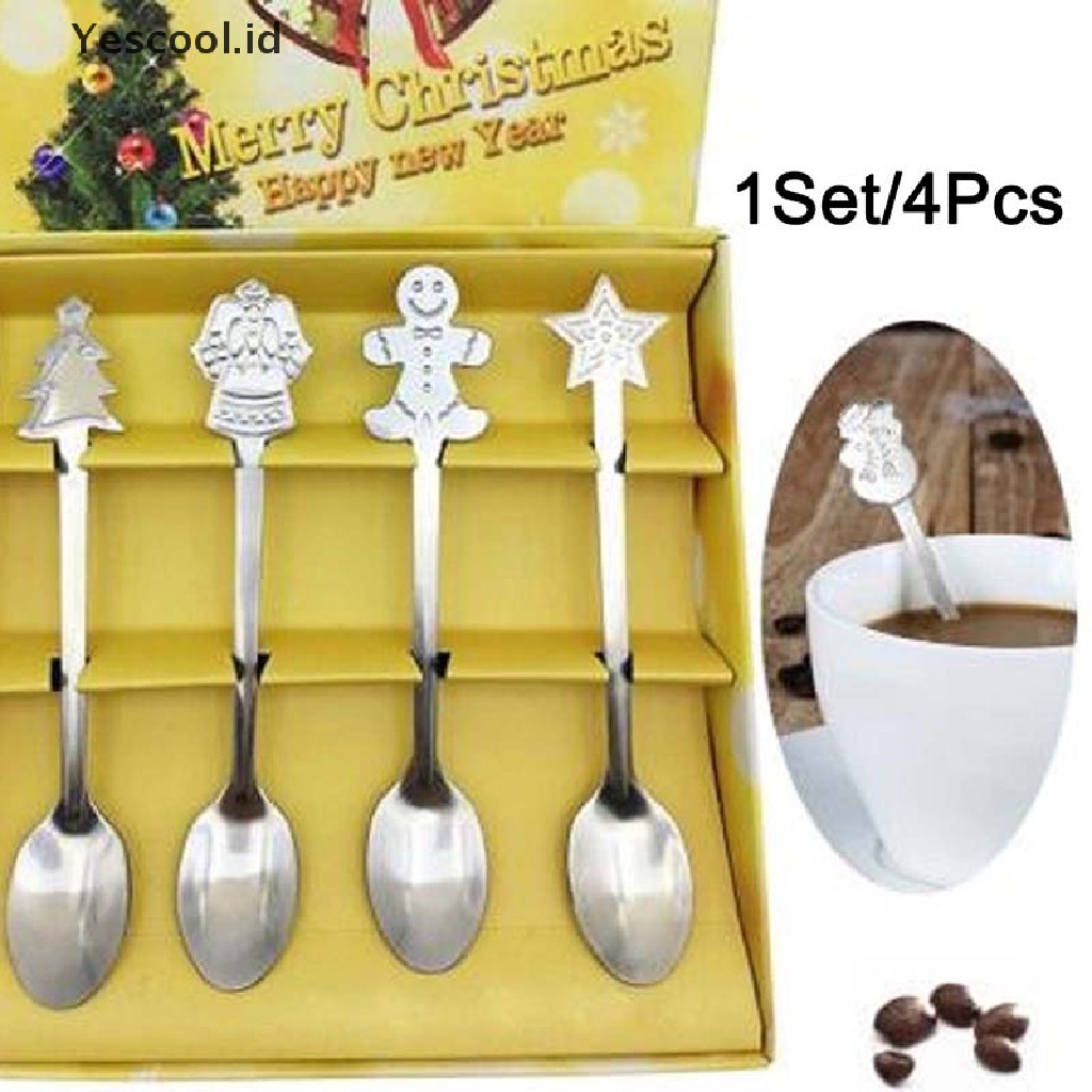 4 Pcs Sendok Dessert Kopi Bahan Stainless Steel Untuk Dekorasi Natal