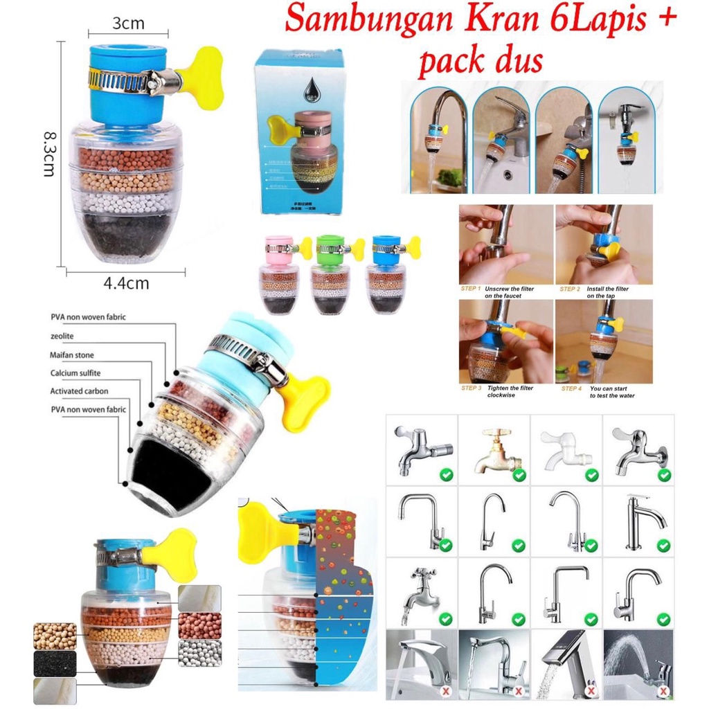 Sambungan Kran 6 lapis Filter air 6 Lapis kepala kran air saringan keran dapur faucet purifier water filter