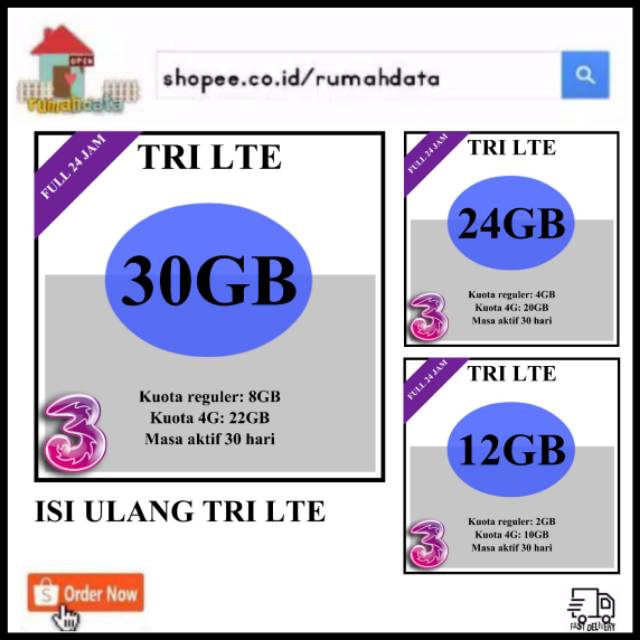 INJECT ISI ULANG PAKET INTERNET KUOTA TRI THREE 3 4G LTE TRI LTE 12GB 24GB 30GB 32GB 35GB 38GB MURAH