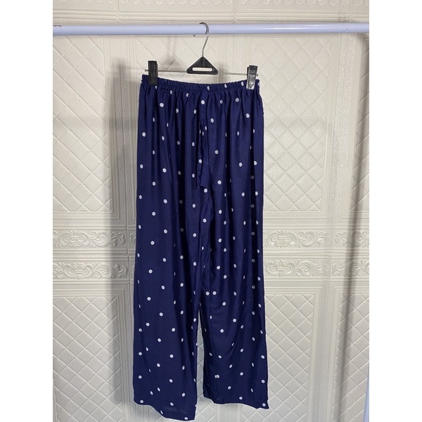 CELANA KULOT PANJANG WANITA TALI POLOS & MOTIF A031-Navy pulkadot besar