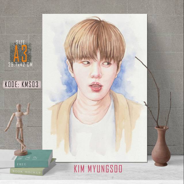 Hiasan Dinding KIM MYUNGSOO Bintang Infinite Korea Selatan Poster Kayu Sketsa Foto KIM YUNG-SOO