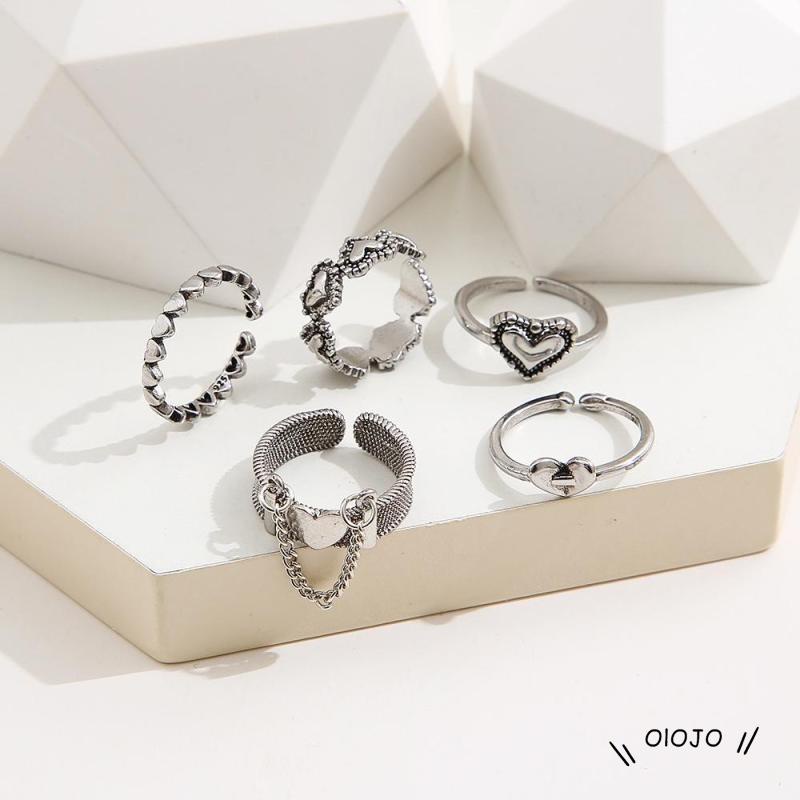 【COD】5pcs / Set Cincin Jari Telunjuk Model Terbuka Desain Hati Hollow Gaya Retro Simpel Kreatif