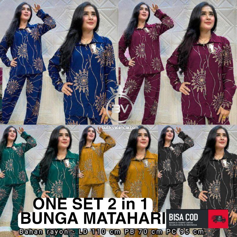 Bunga Matahari One Set Wanita Rayon Premium Setelan Wanita Lengan Panjang Set Celana Kekinian LD 110 cm