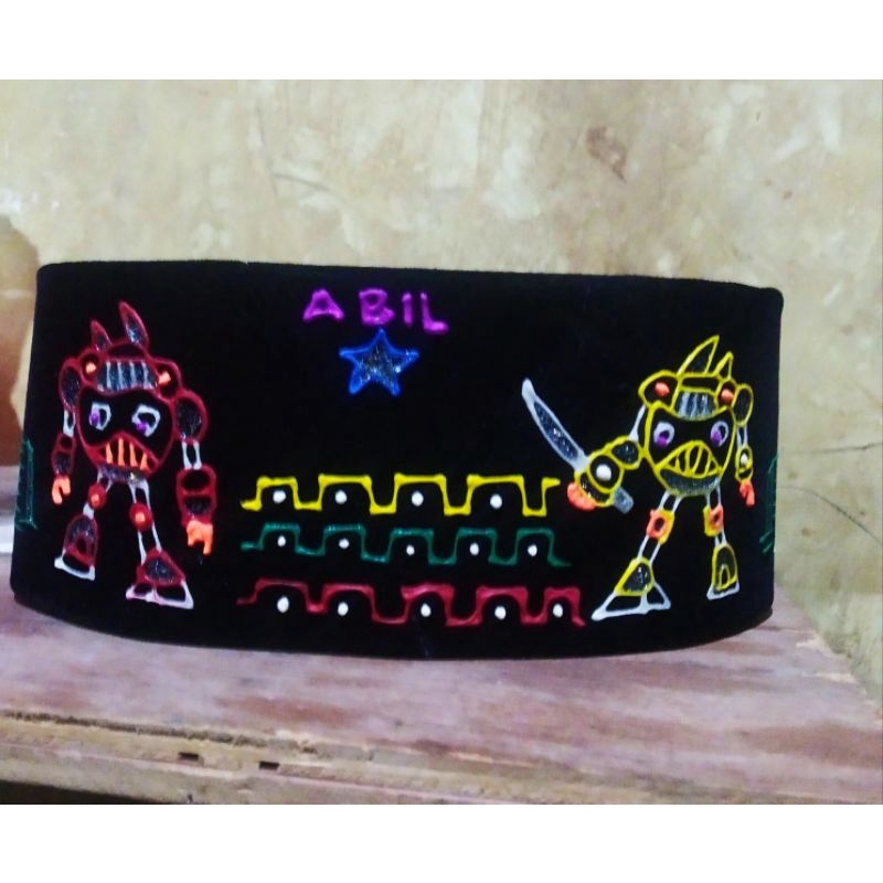 songkok lukis robot gratis nama, peci lukis gratis nama, kopyah anak, peci tobot excavator