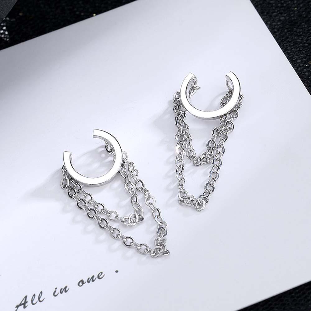 Anting Klip Agustinina Gadis Sederhana Warna Perak Rantai Korea Rumbai Tanpa Tindik Klip Telinga