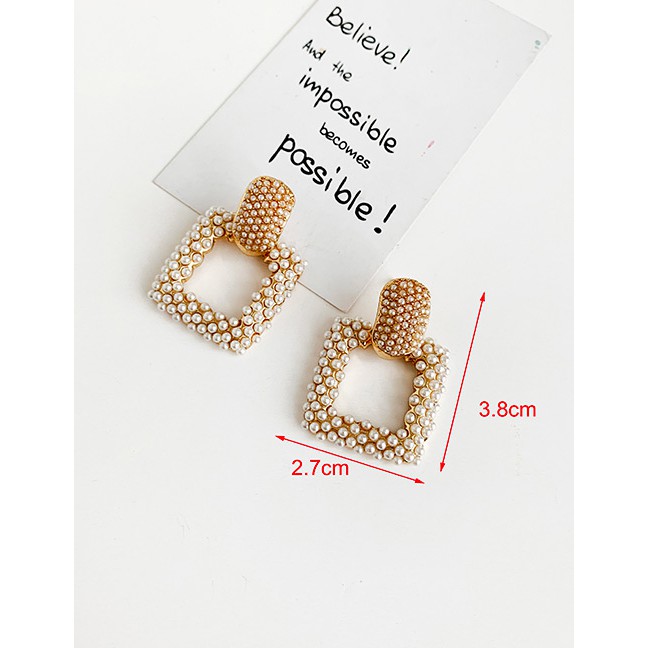 LRC Anting Tusuk Fashion Gold Alloy Pearl Square Earrings F89756