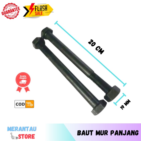 Baut Mur Panjang 20 cm Baut Balok Baja kunci 19mm Baut Blandar Mur Baut Hitam Baja Bodi 12 mm