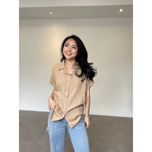 HAWAII SHIRT KEMEJA WANITA KATUN RAYON POLOS LENGAN PENDEK KERAH HEM KANCING TANGAN ALLSIZE GROSIR-1