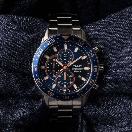 Jam Tangan Pria Alba Chronograph AM3845X1 AM3845 Biru Stainless Steel Blue Dial Original Garansi Res