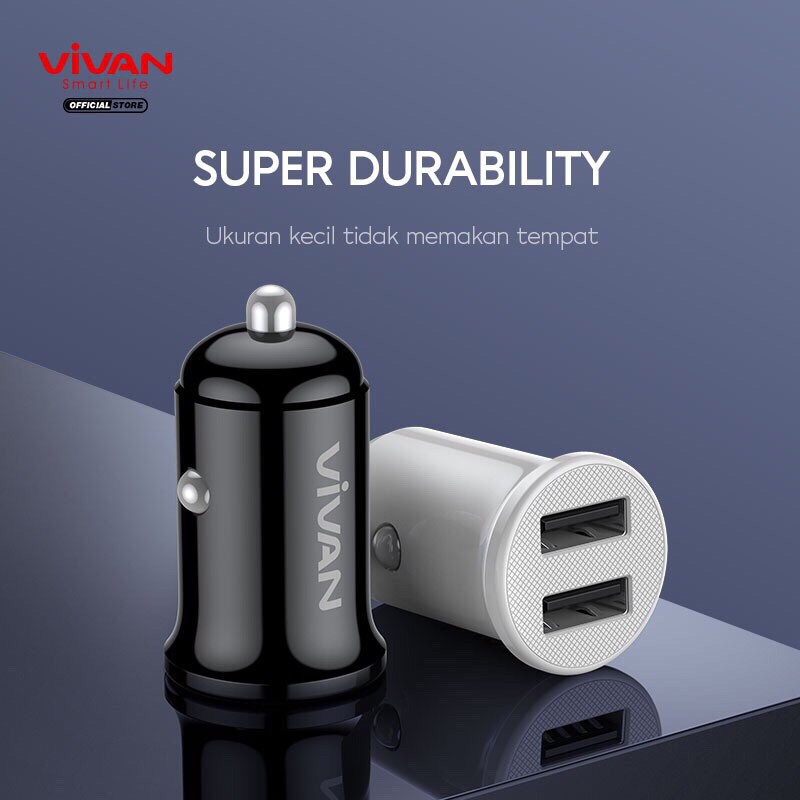 VIVAN Car Charger VCC01 2.4A Dual Port Small &amp; Portable with Charging Cable 100cm Garansi 1 Tahun