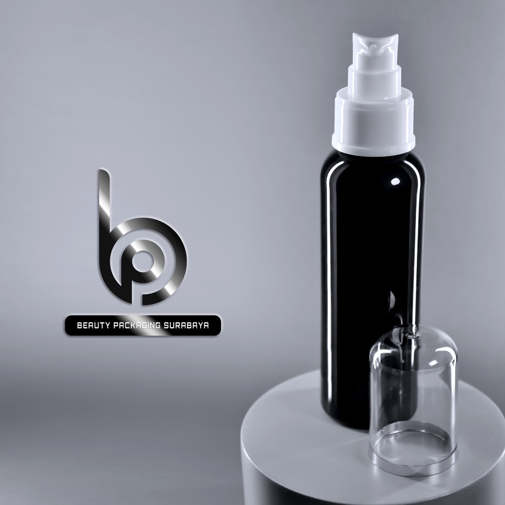 Botol Plastik PET 100ml BR Hitam Tutup Pump Treatment FC Putih