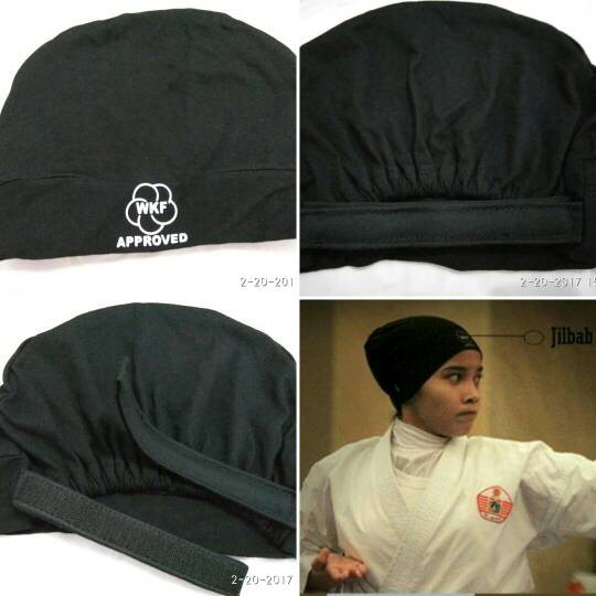 jilbab karate desain wkf approved penutup kepala head protector hijab