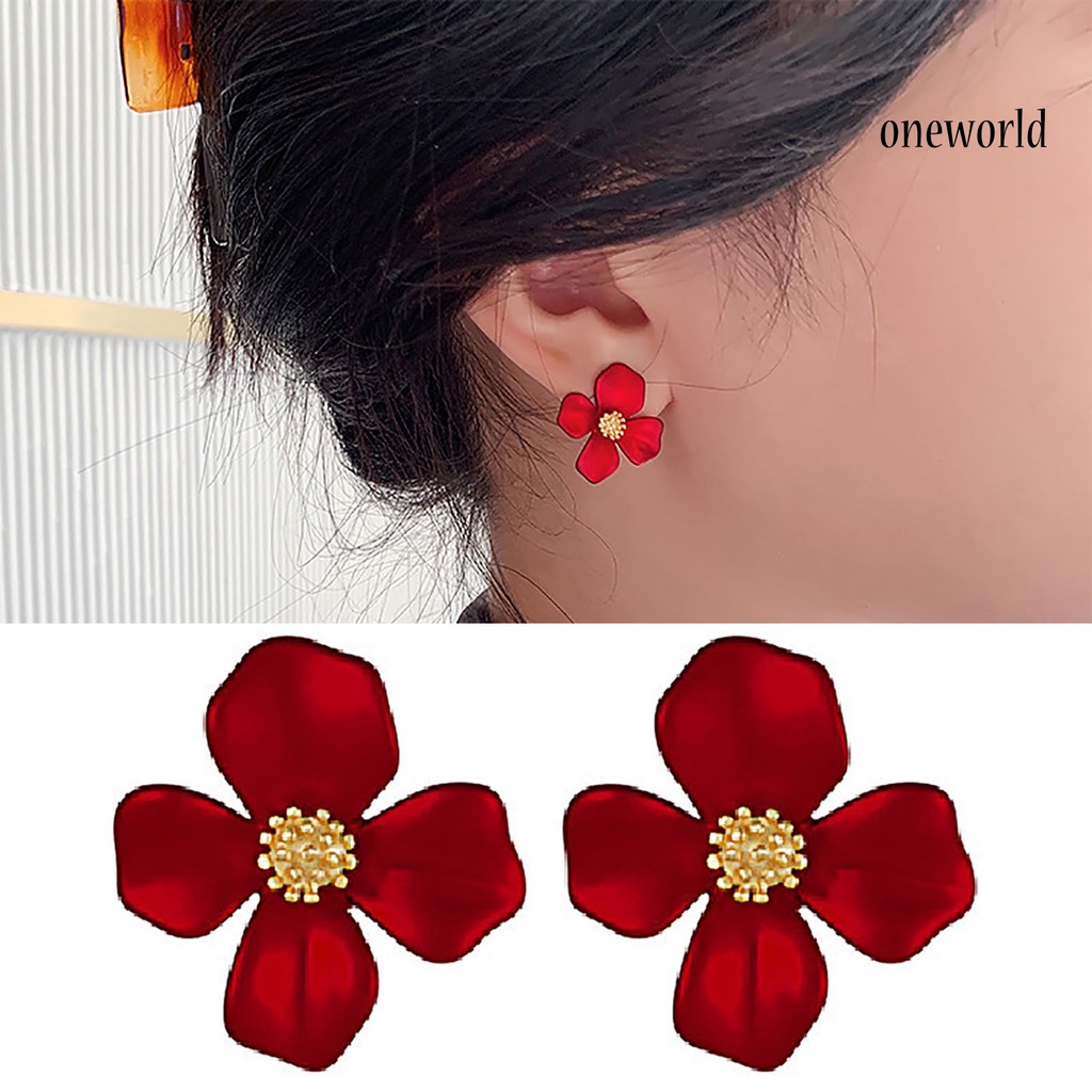 OW# 1 Pair Women Sweet Red Flower Shape Four Petals Ear Stud Earring Jewelry Accessory