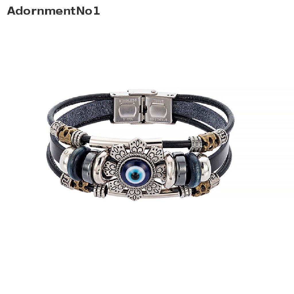 (AdornmentNo1) Gelang Tangan Tali Kulit Banyak Lapis Aksen Mata Iblis Gaya Turki Handmade Untuk Wanita