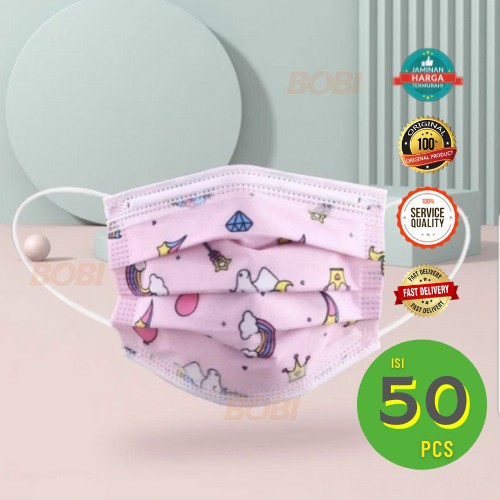 PROMO !!! Masker Anak 3 ply Non Woven &amp; Meltblown isi 50pcs - Earloop Kids Mask 3ply - Motif Random