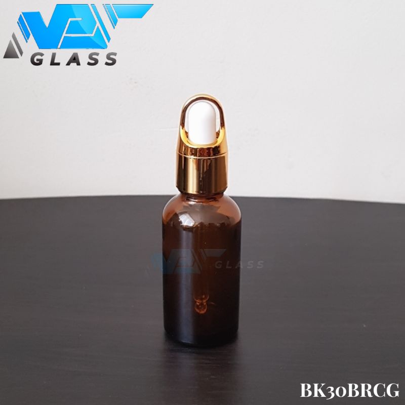 botol kaca pipet 30ml coklat amber ring gold