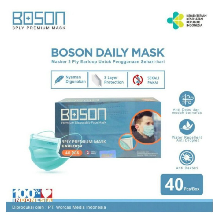 BOSON DAILY FACE MASK Earloop/ Headloop 3 ply isi 40 pcs Original 100% (ADA EMBOST BOSON DI MASKER)