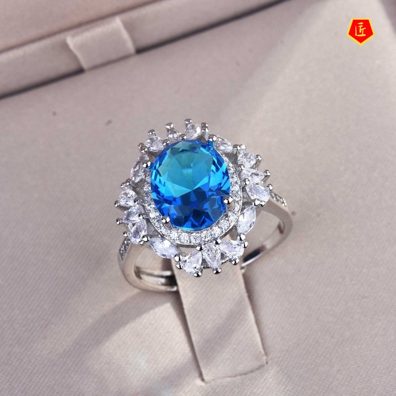 [Ready Stock]Luxury Full Diamond Natural Blue Topaz Ring