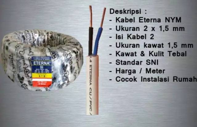 Kabel Eterna Listrik 2x1,5 mm KAWAT Tembaga Murni (Per 1 meter) SNI ORIGINAL