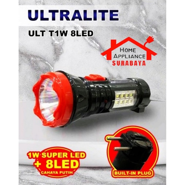 Senter Tangan Camping Murah Super LED Torch ULTRALITE Cahaya Putih 1W ULT T177 / 1W + 8 LED ULT T1W 8LED Bisa Cas Ulang - Rechargeable Tahan 6 Jam