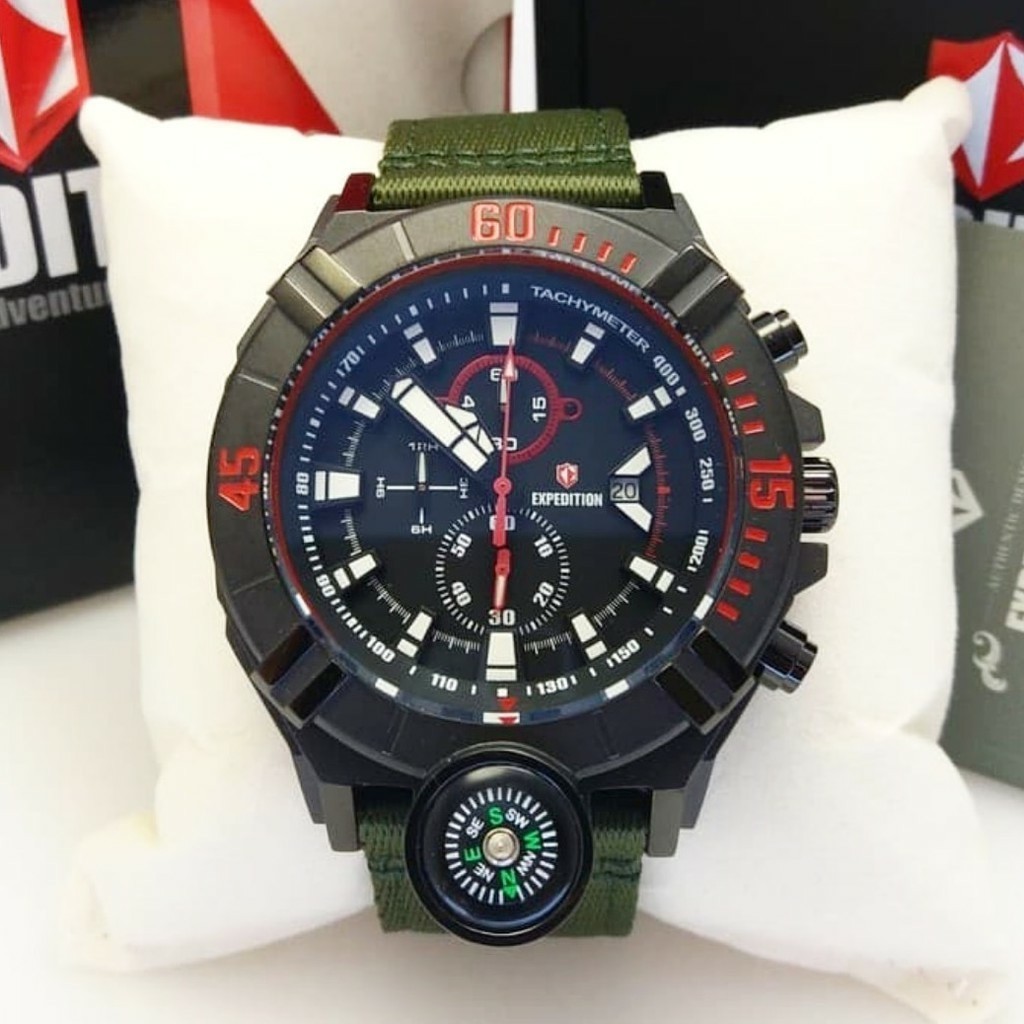 jam original Expedition E 6772 pria tali canvas hijau hitam